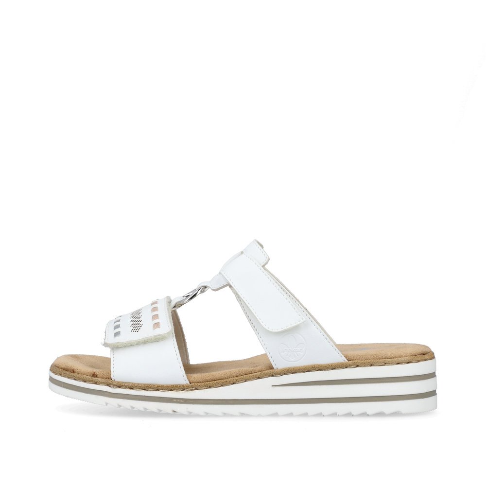 White Rieker women´s mules V0636-80 with a hook and loop fastener. Outside of the shoe.