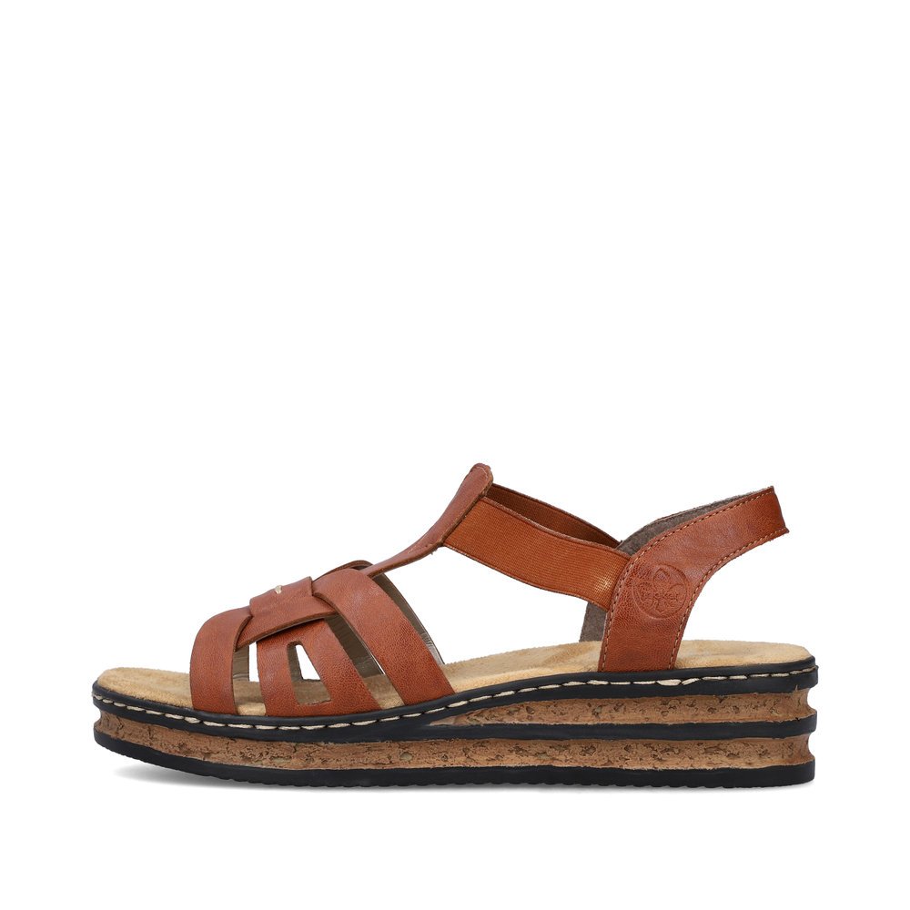 Rieker sandales compensées marron femmes 62918-22 avec insert élastique. Côté extérieur de la chaussure.