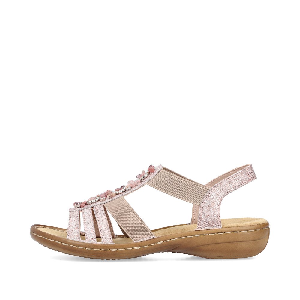 Dusky pink Rieker women´s strap sandals 60818-31 with an elastic insert. Outside of the shoe.
