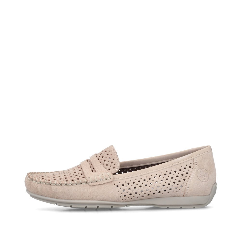Pink Rieker women´s loafers 40263-31 in perforated look as well as slim fit E 1/2. Outside of the shoe.
