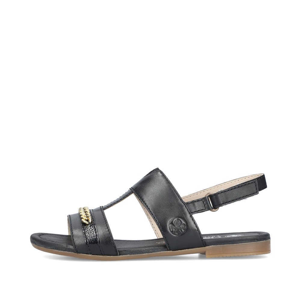 Black Rieker women´s strap sandals 65258-00 with a hook and loop fastener. Outside of the shoe.