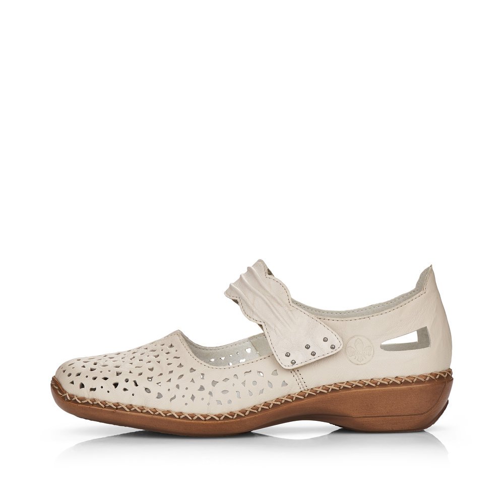 Light beige Rieker women´s ballerinas 41399-60 with a hook and loop fastener. Outside of the shoe.