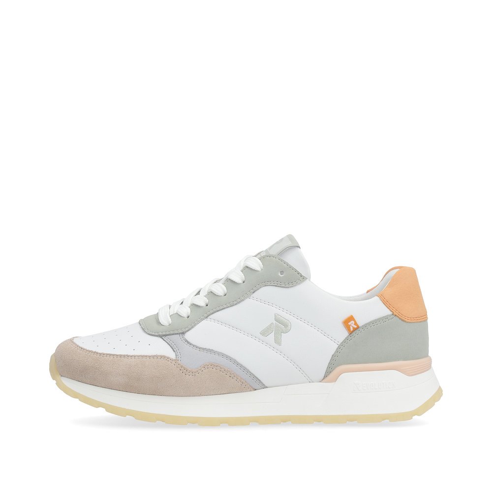White Rieker women´s low-top sneakers W0608-80 with a light sole. Outside of the shoe.