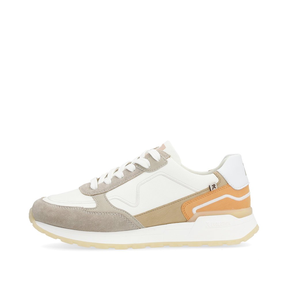 White Rieker women´s low-top sneakers W0609-81 with a grippy sole. Outside of the shoe.