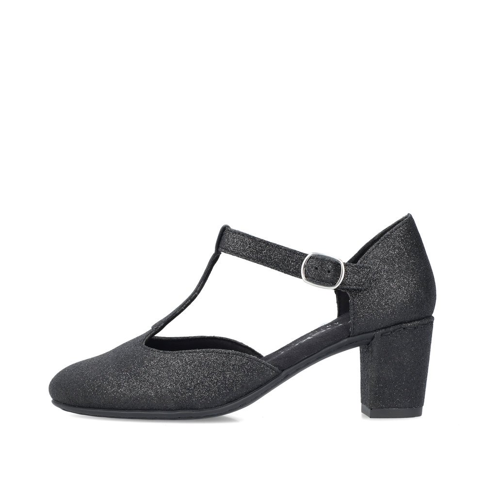 Black Rieker women´s pumps 41087-00 with buckle as well as extra soft cover sole. Outside of the shoe.