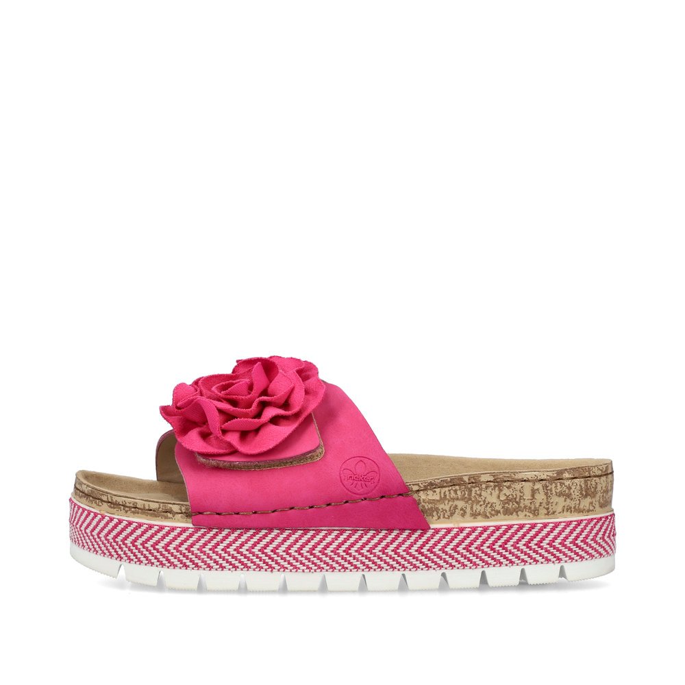 Blossom pink Rieker women´s mules 69562-31 with a hook and loop fastener. Outside of the shoe.