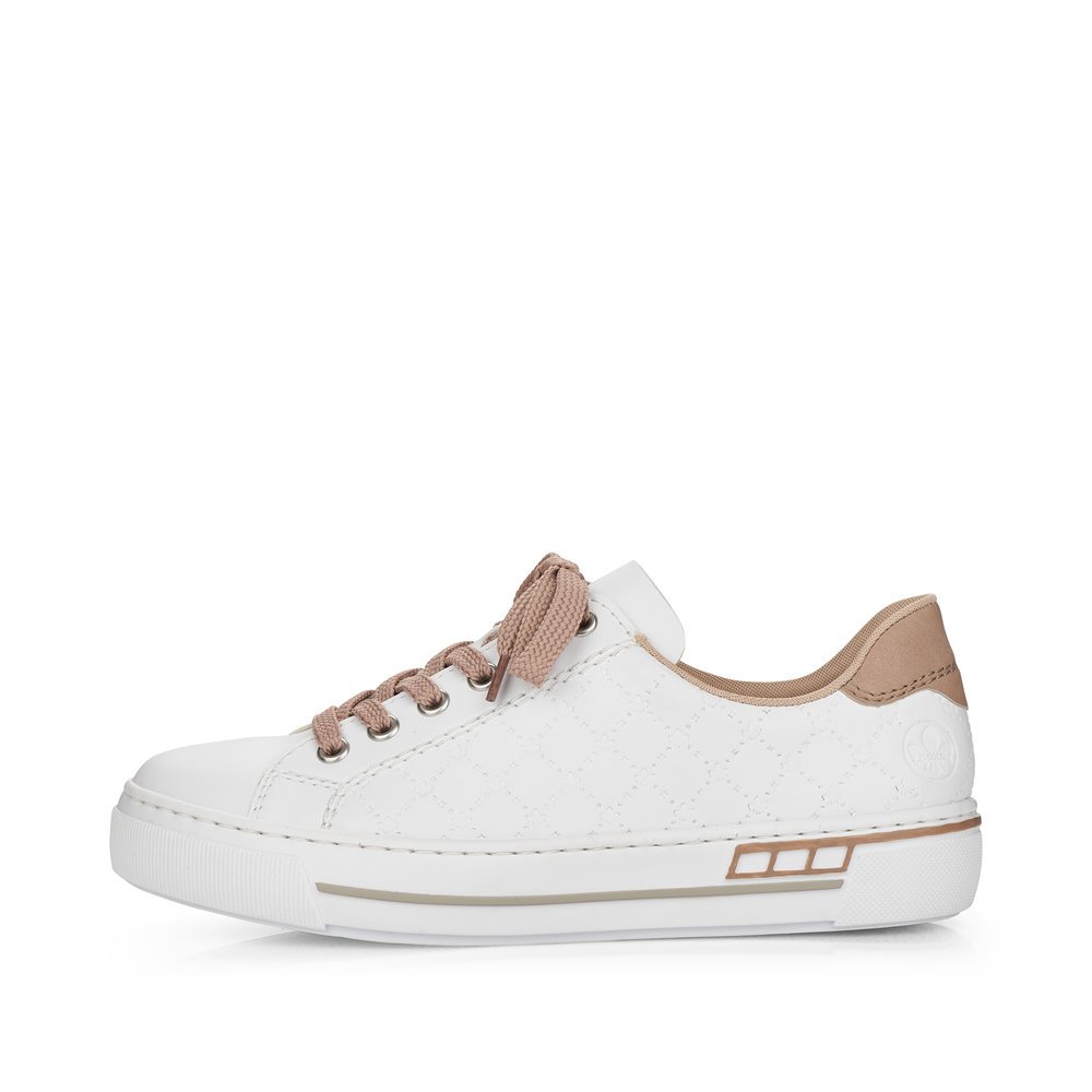 Rieker baskets basses blanches pour femmes L88W2-80 avec lacets. Côté extérieur de la chaussure.