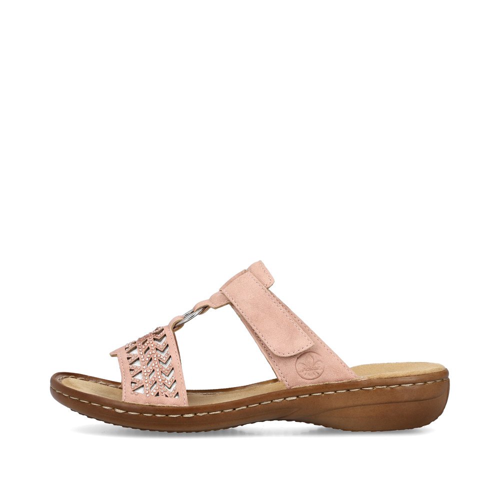 Pink Rieker women´s mules 60887-31 with a hook and loop fastener. Outside of the shoe.