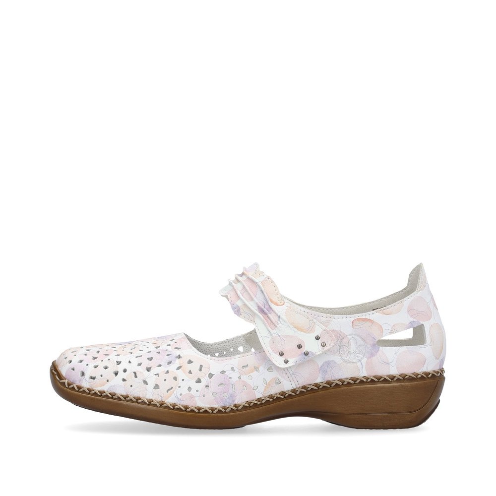 White Rieker women´s ballerinas 41399-91 with a hook and loop fastener. Outside of the shoe.