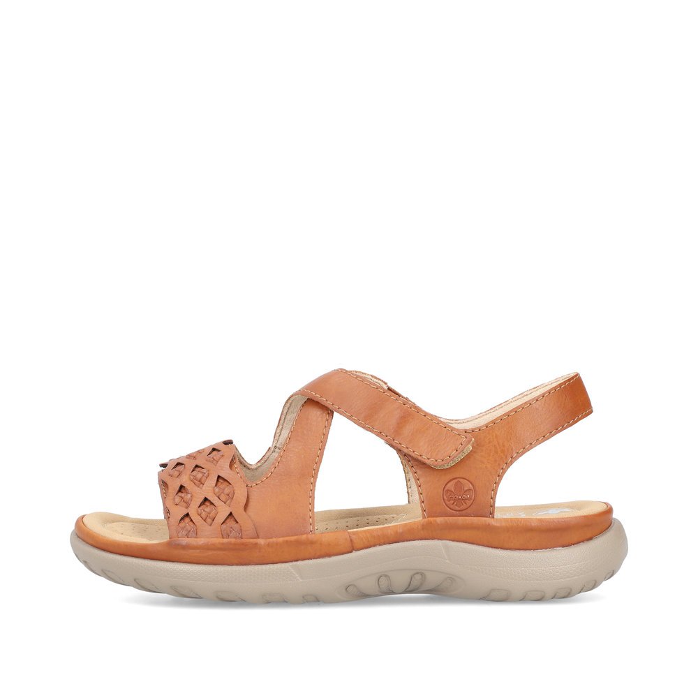 Brown Rieker women´s strap sandals 64878-24 with a hook and loop fastener. Outside of the shoe.