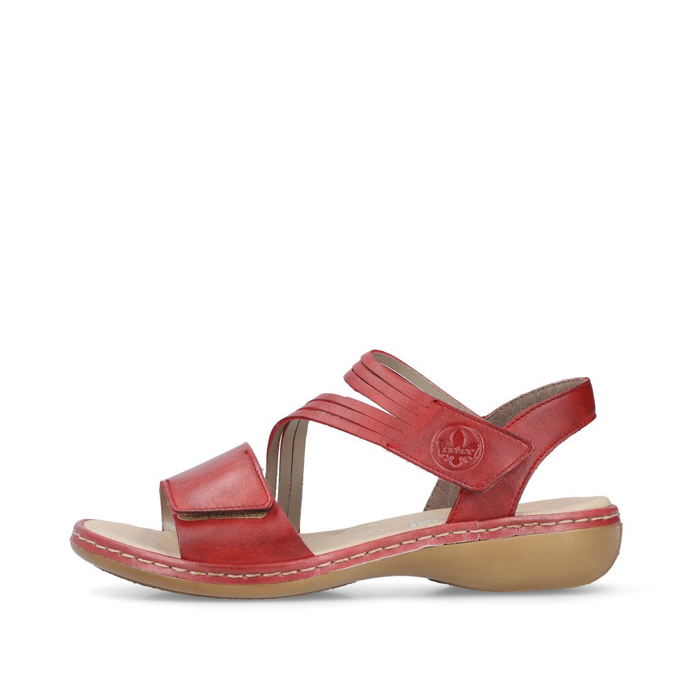 Cherry red Rieker women´s strap sandals 65964-35 with a hook and loop fastener. Outside of the shoe.