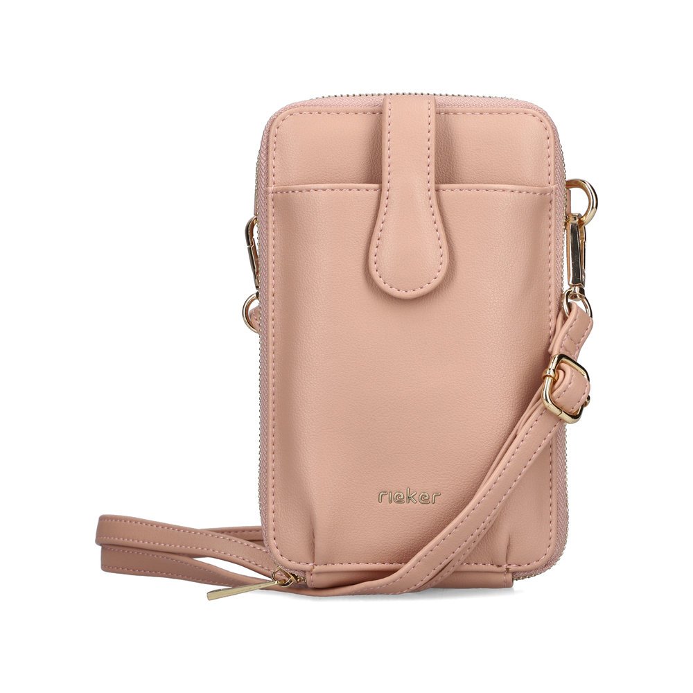 Rieker shoulder bag H1520-31 in pink with three-slot card pocket and detachable shoulder strap. Front.