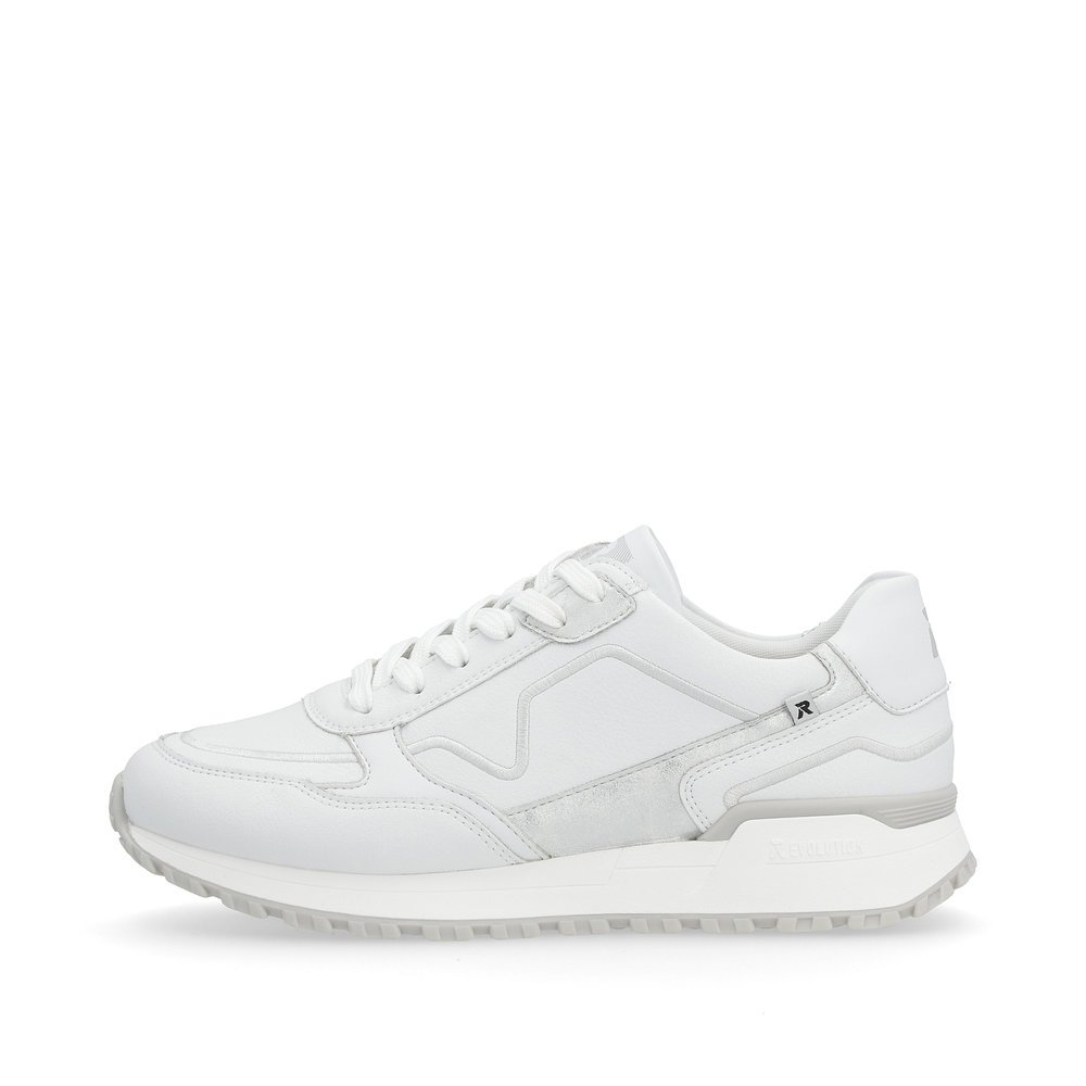 White Rieker women´s low-top sneakers W0609-80 with a light and grippy sole. Outside of the shoe.