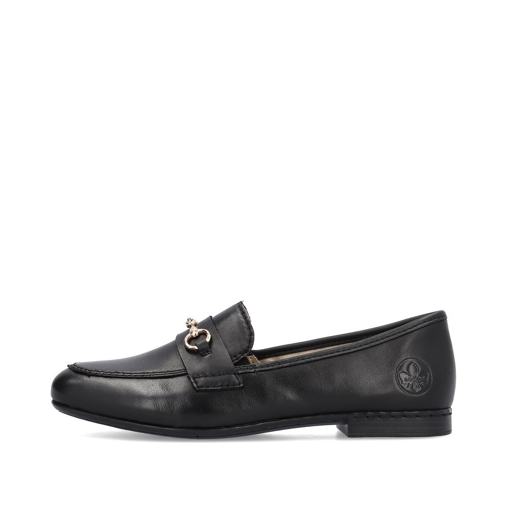 Midnight black Rieker women´s loafers 51764-00 with an elastic insert. Outside of the shoe.