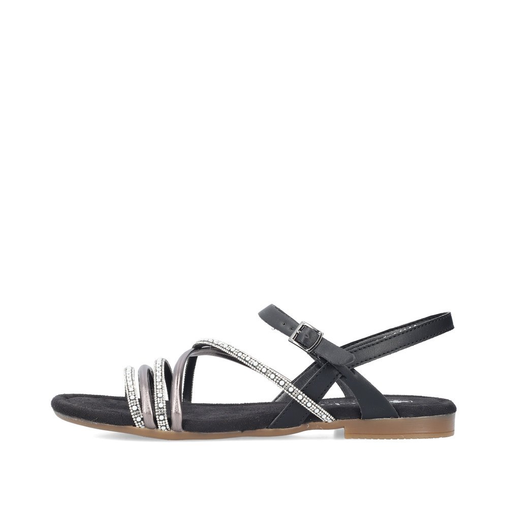 Jet black vegan Rieker women´s strap sandals 65262-00 with a buckle. Outside of the shoe.