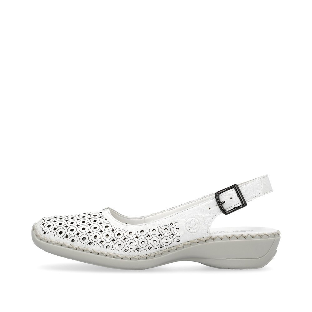 Pure white Rieker women´s slingback pumps 41350-80 with a buckle. Outside of the shoe.