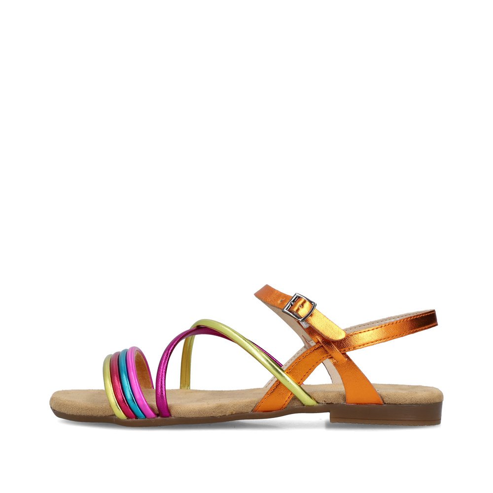 Orange vegan Rieker women´s strap sandals 65263-90 with a buckle. Outside of the shoe.