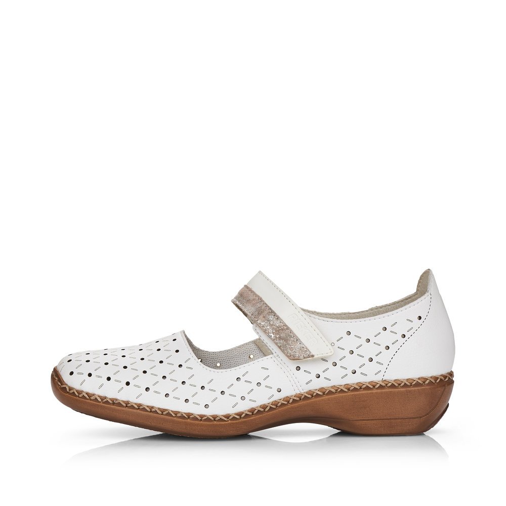 Snow white Rieker women´s ballerinas 41389-80 with a hook and loop fastener. Outside of the shoe.