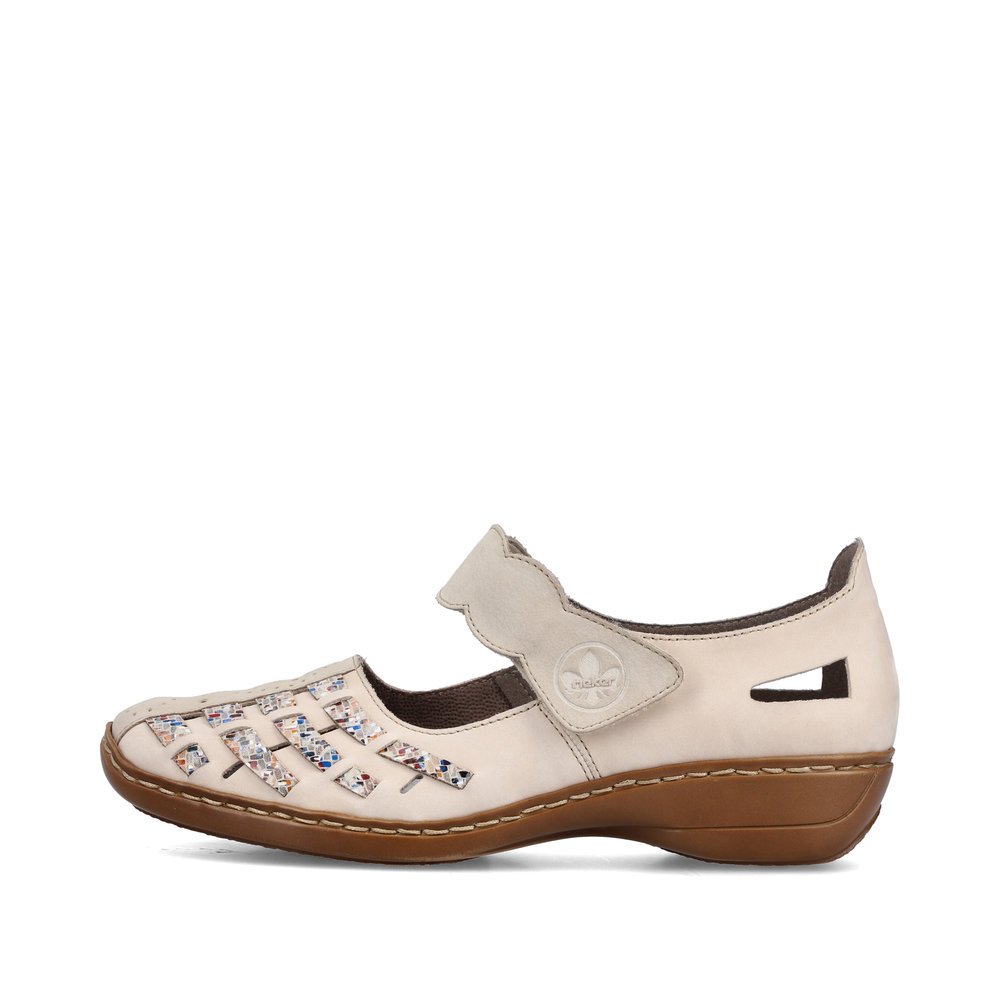 Cream beige Rieker women´s ballerinas 41369-60 with a hook and loop fastener. Outside of the shoe.