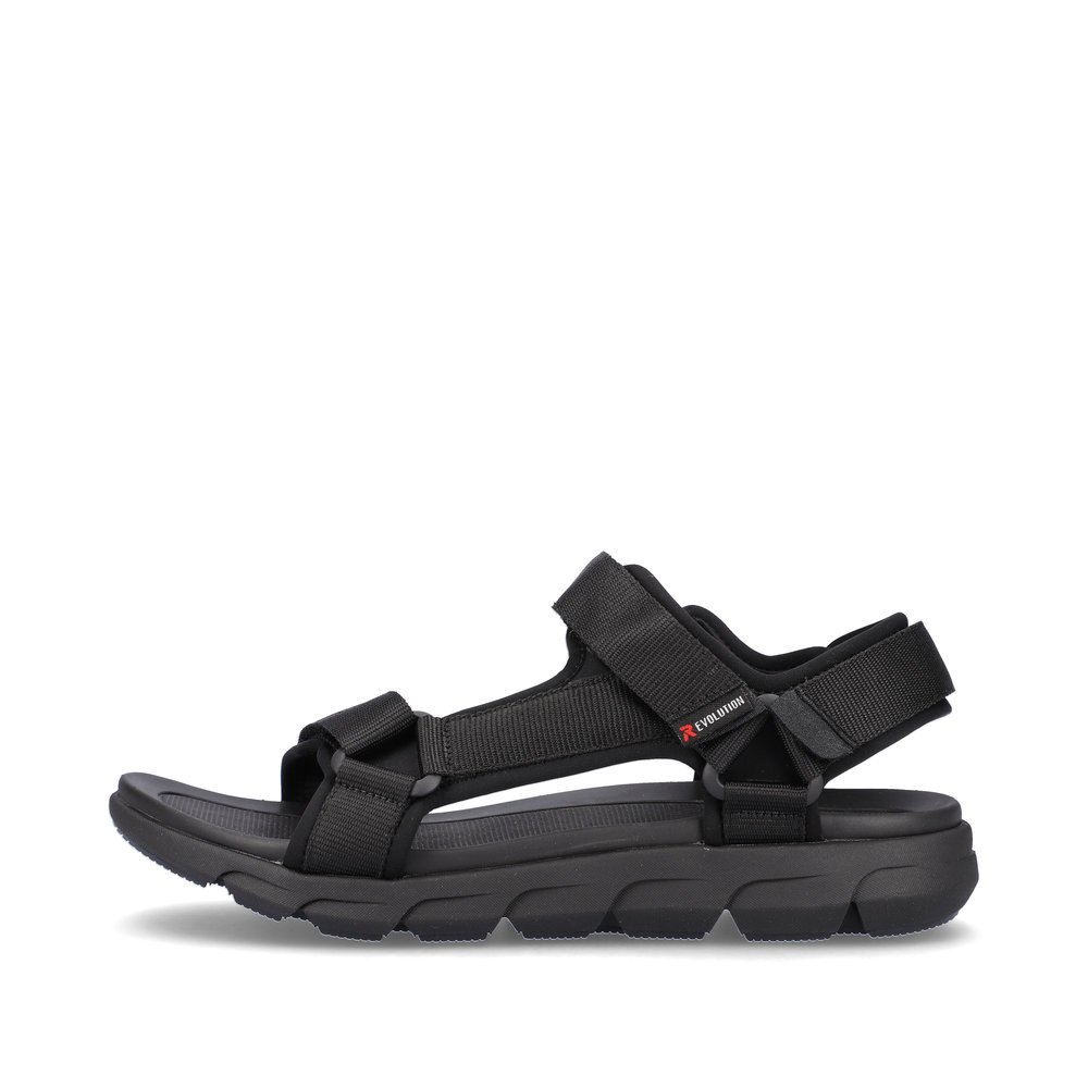 Black washable Rieker men´s hiking sandals 20802-01 with a super light sole. Outside of the shoe.