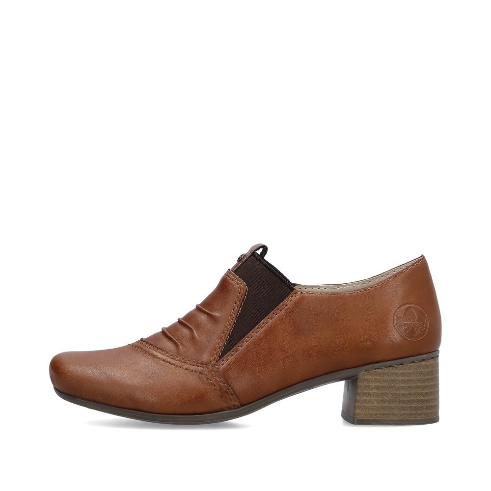 Rieker chaussons marron pour femmes 41657-25 avec un insert élastique. Côté extérieur de la chaussure.