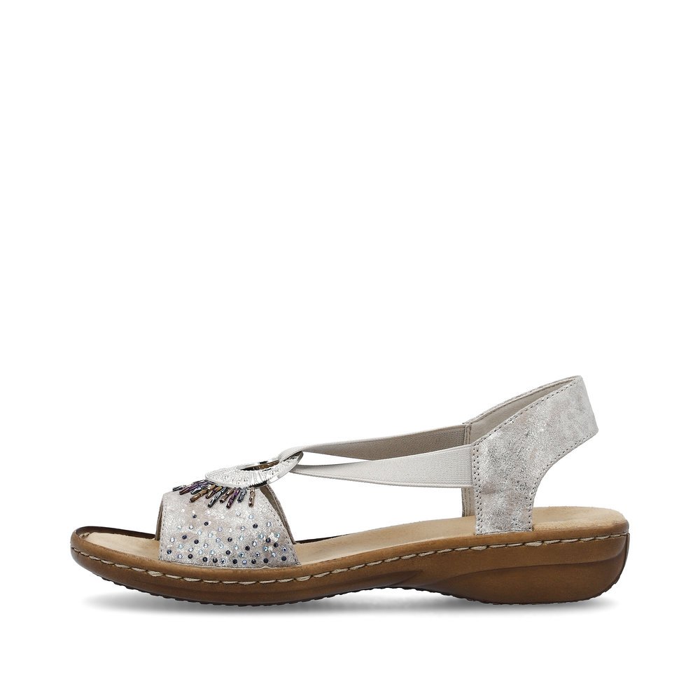 Silver Rieker women´s strap sandals 60880-90 with an elastic insert. Outside of the shoe.