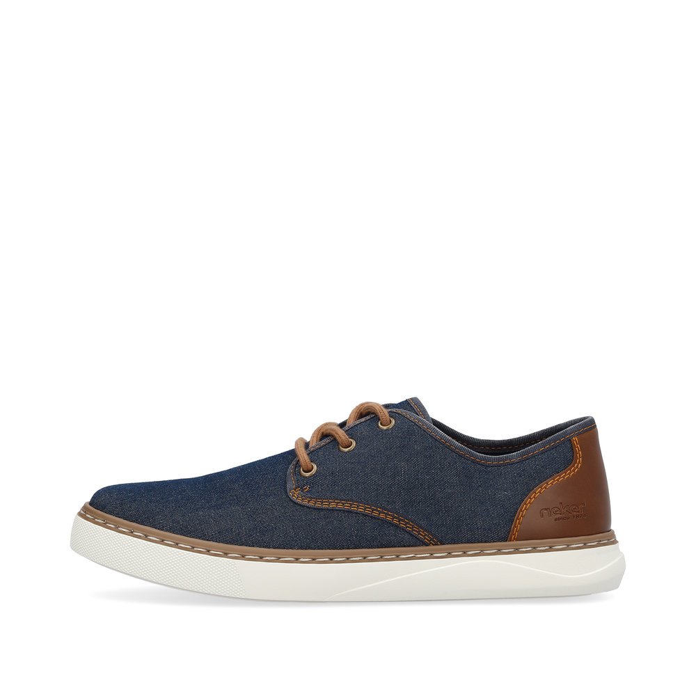 Dark blue Rieker men´s lace-up shoes B9903-14 with brown stitching. Outside of the shoe.