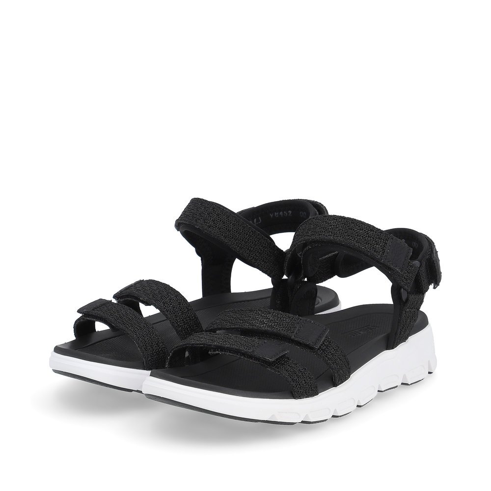 Black washable Rieker women´s hiking sandals V8452-00 with a flexible sole. Shoes laterally.