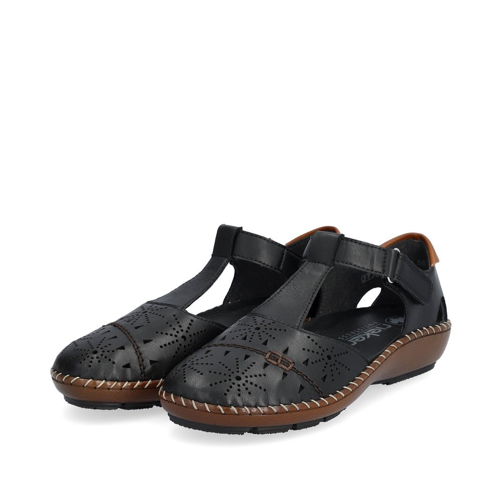 Asphalt black Rieker women´s ballerinas 44882-00 with a hook and loop fastener. Shoes laterally.