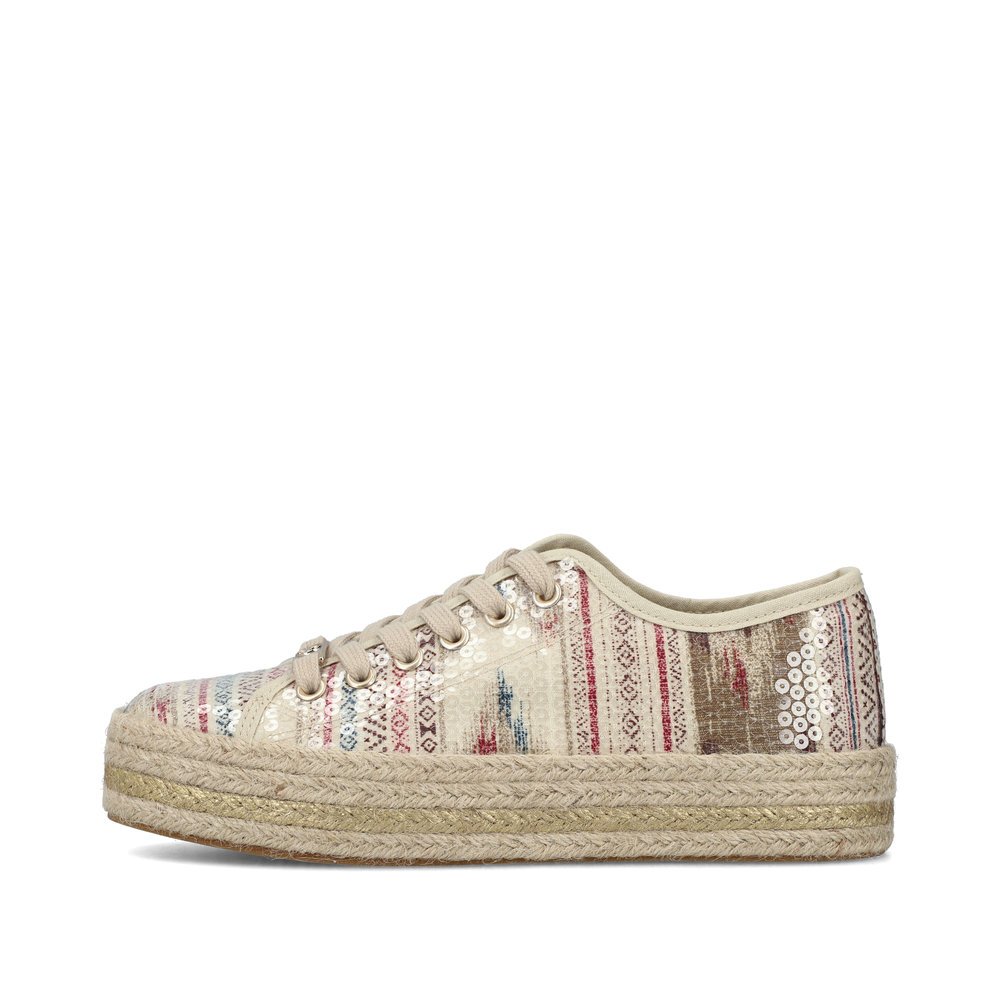 Light beige Rieker women´s lace-up shoes 94010-60 with multicolor print. Outside of the shoe.