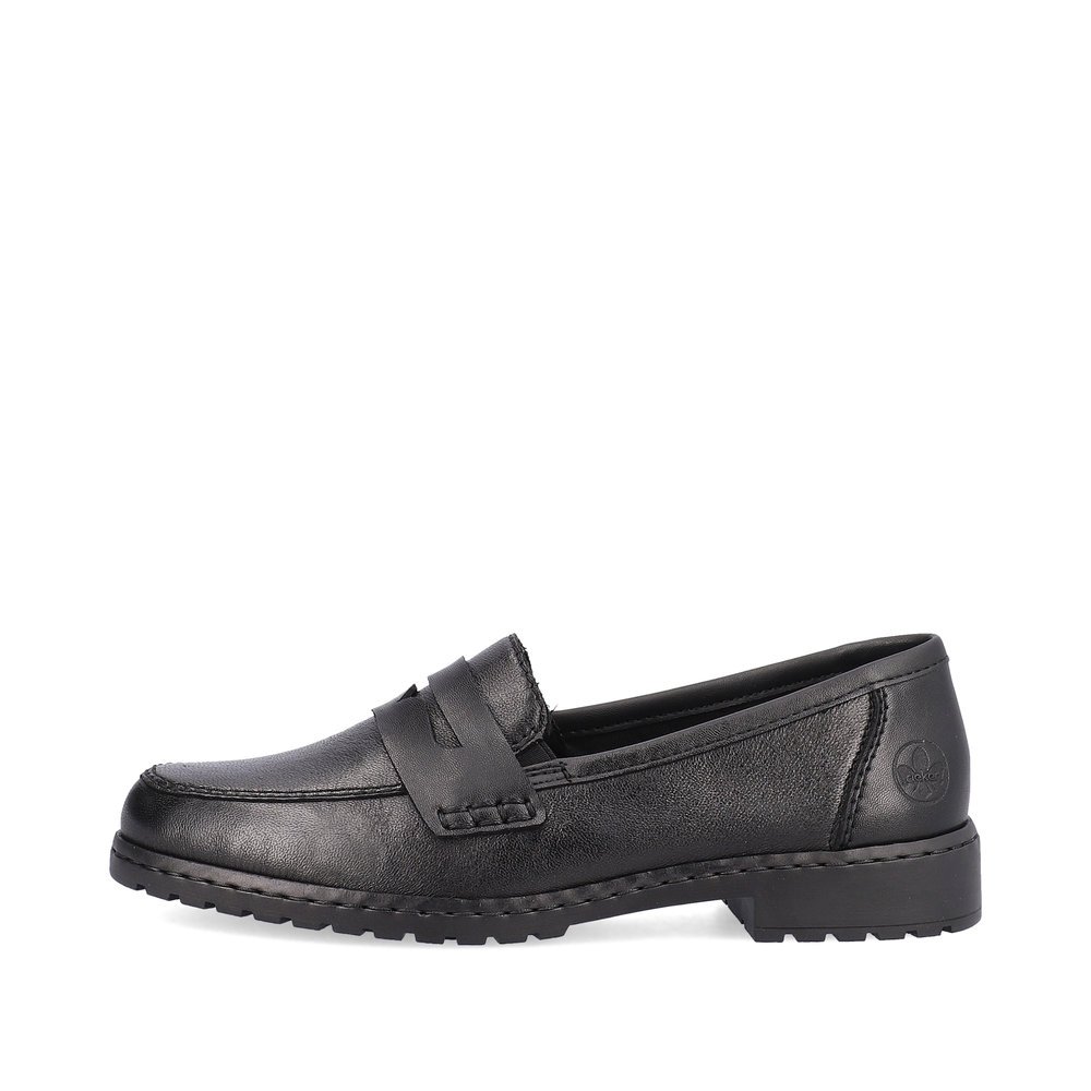 Midnight black Rieker women´s loafers 51867-00 with shock-absorbing and light sole. The outside of the shoe