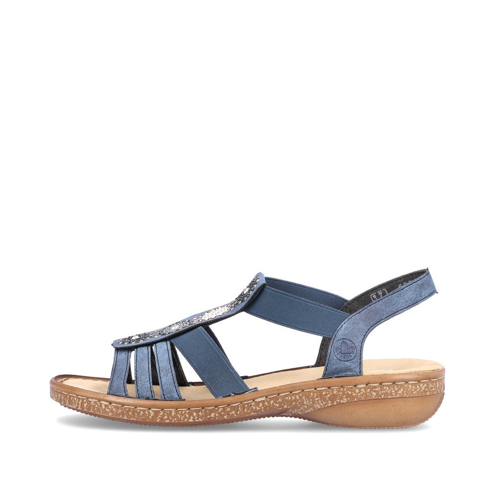 Rieker sandales à lanières bleues femmes 628G9-16 avec insert élastique. Côté extérieur de la chaussure.