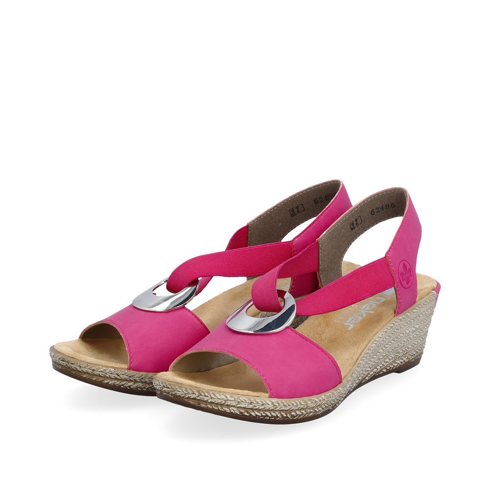 Pink Rieker women´s wedge sandals 624H6-32 with an elastic insert. Shoes laterally.