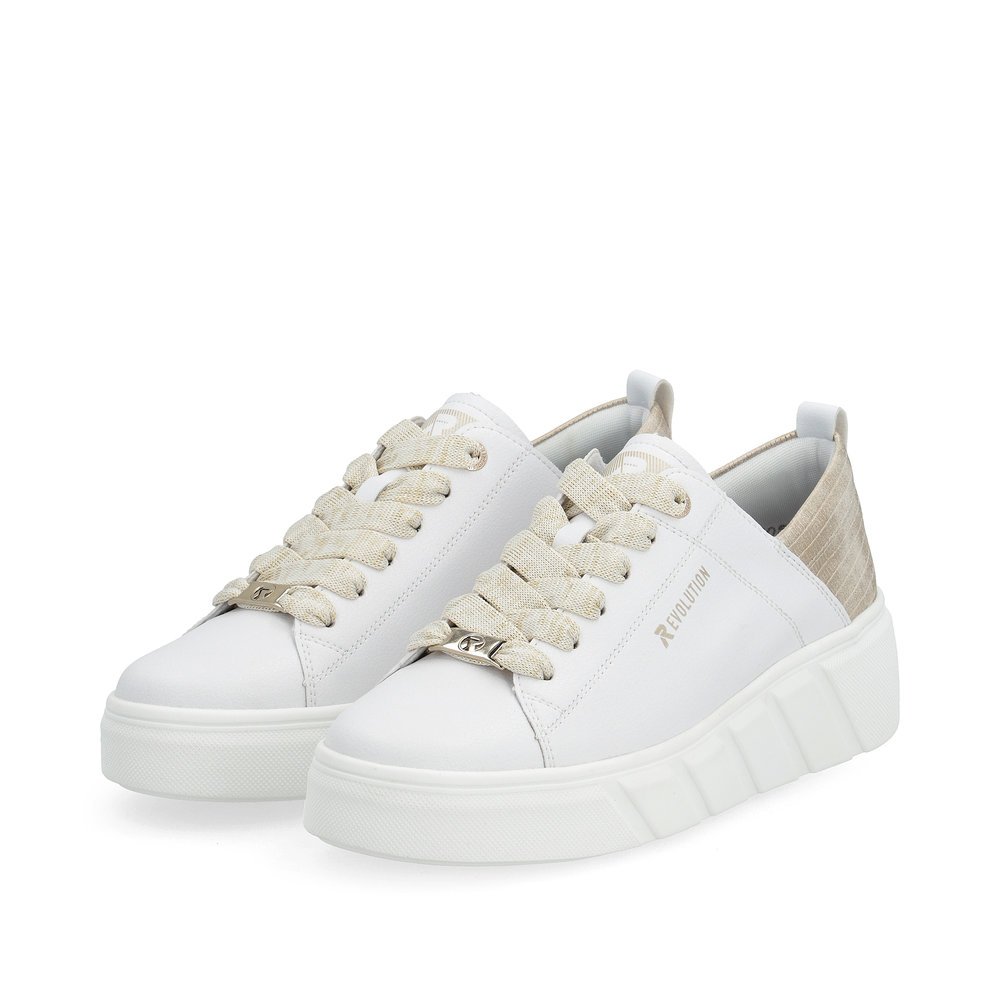 White Rieker women´s low-top sneakers W0502-81 with an ultra light sole. Shoes laterally.