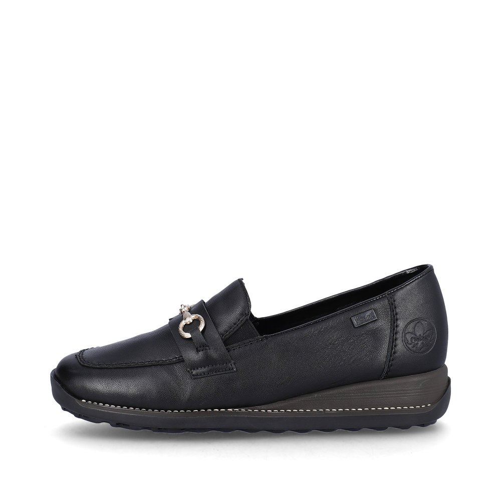 Night black Rieker women´s loafers 44285-00 with an elastic insert. The outside of the shoe
