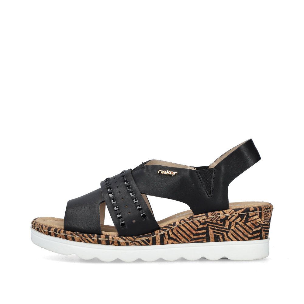 Night black Rieker women´s wedge sandals 67179-00 with an elastic insert. Outside of the shoe.