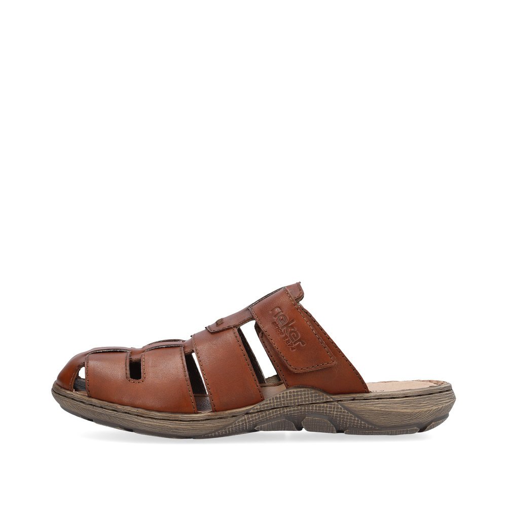 Maroon Rieker men´s mules 22087-24 with a hook and loop fastener. Outside of the shoe.