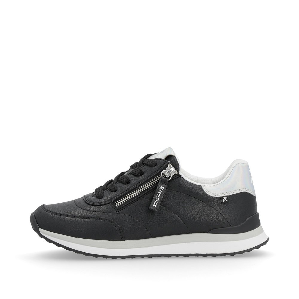 Black Rieker women´s low-top sneakers 42505-00 with a super light and flexible sole. Outside of the shoe.