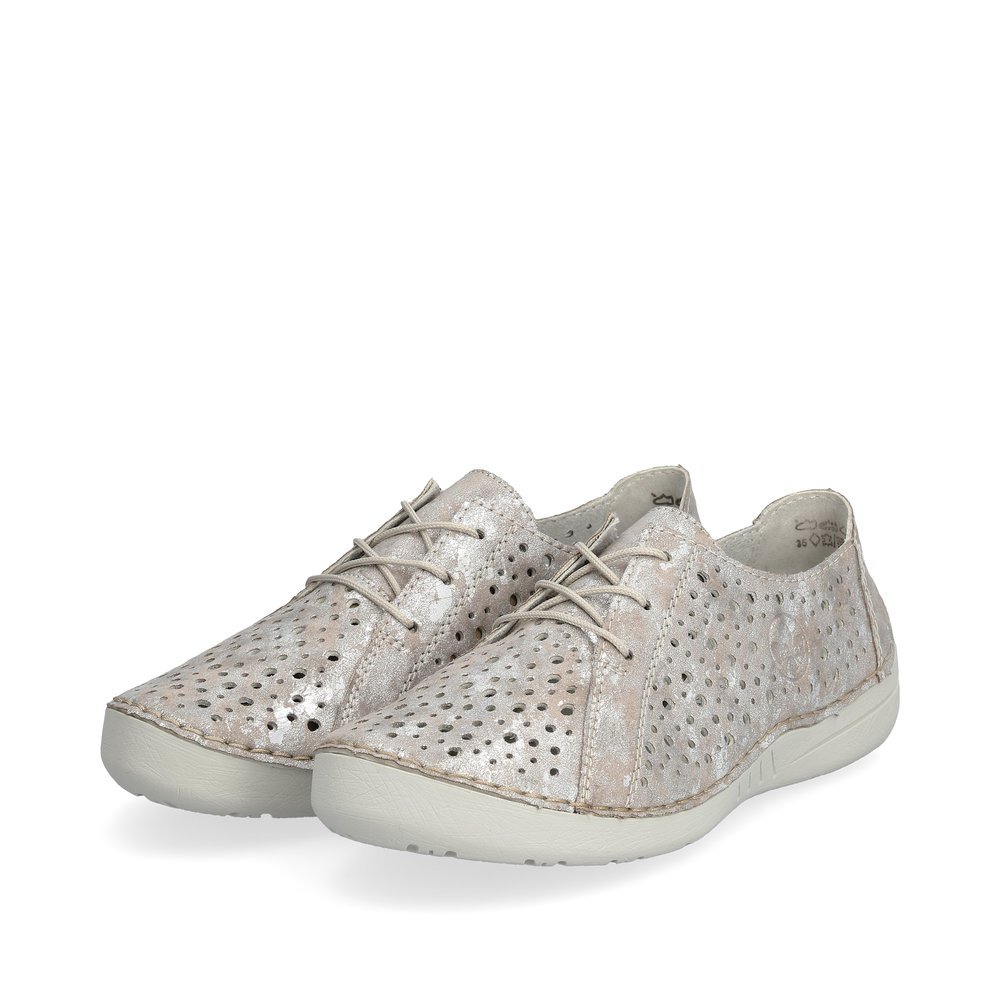 Silver Rieker women´s lace-up shoes 52534-90 in perforated look. Shoes laterally.
