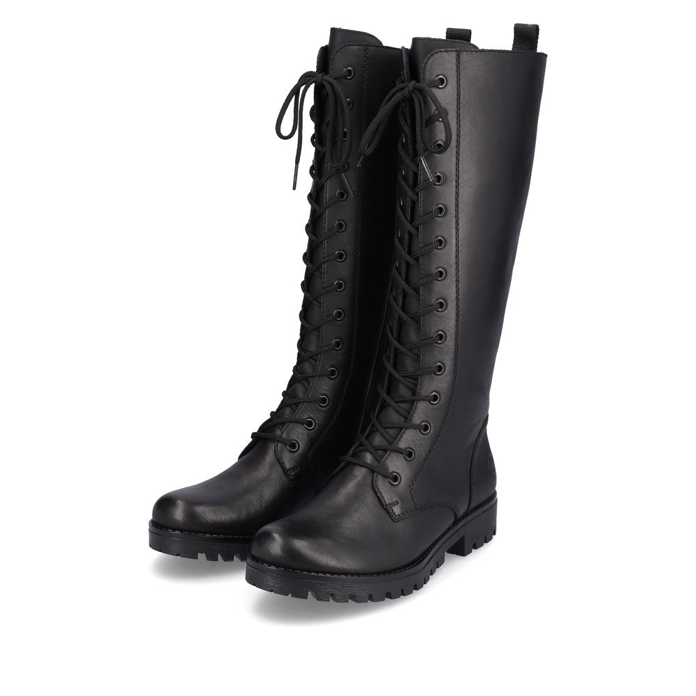 Jet black Rieker women´s high boots 78543-00 with robust profile sole. Shoe laterally