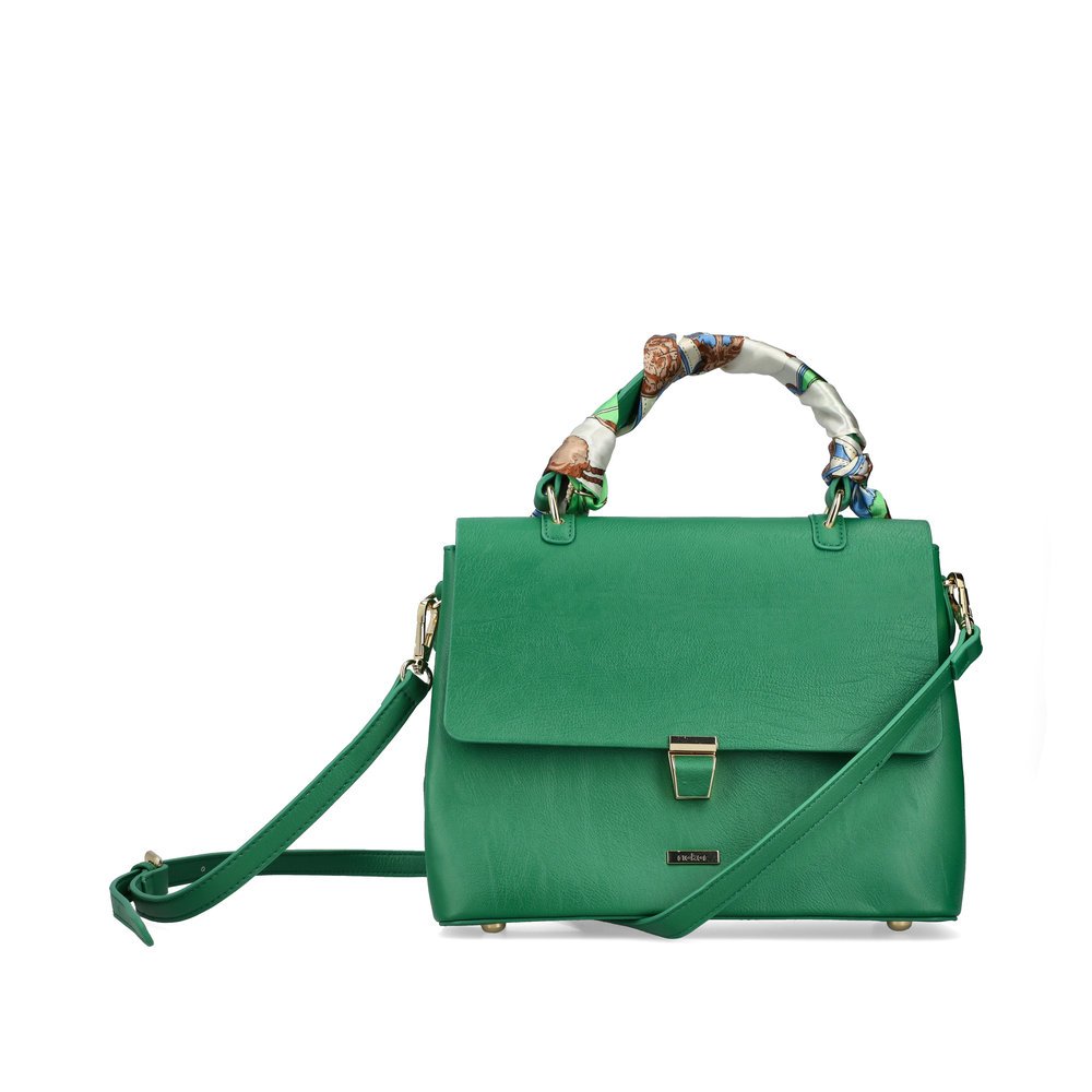 Rieker handbag H1605-54 in green with decorative ribbon, zipper, practical snap closure and divided main pocket. Front.