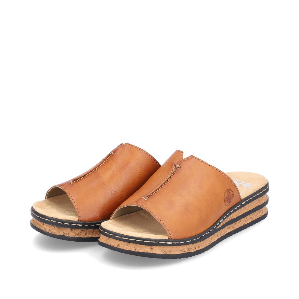 Espresso brown Rieker women´s mules 629M9-24 with the slim fit E 1/2. Shoes laterally.