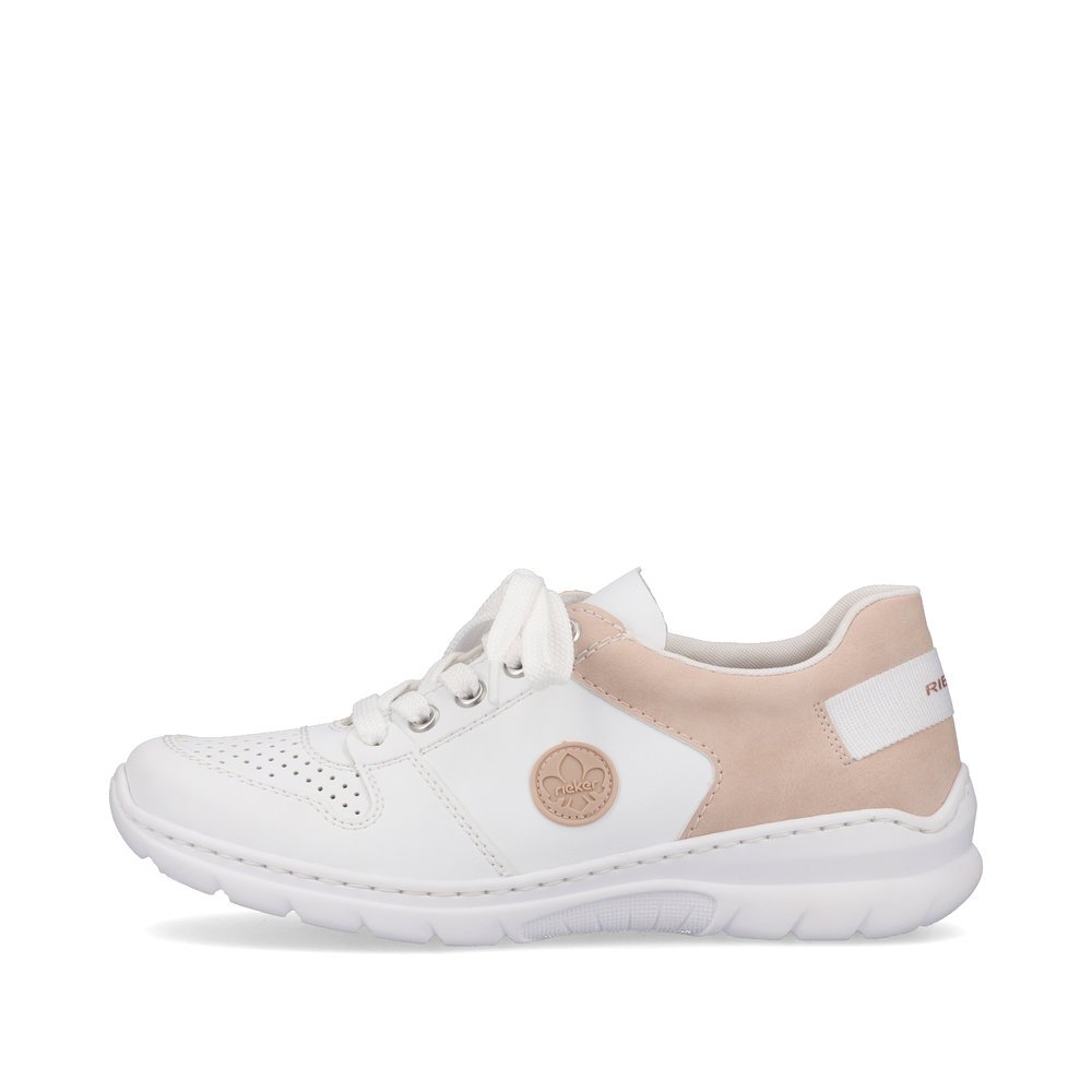 Ice white Rieker women´s low-top sneakers L3214-80 with lacing. Outside of the shoe.