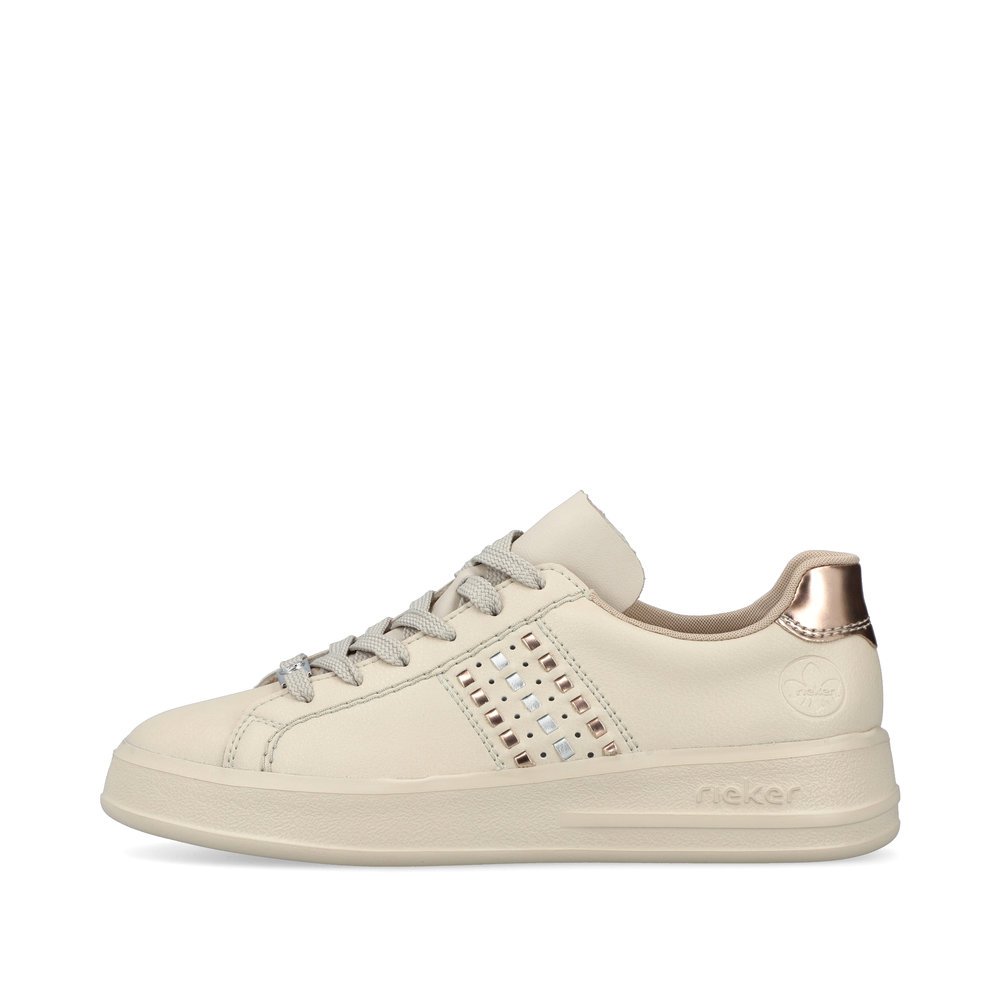 Light beige Rieker women´s low-top sneakers M8400-60 with lacing. Outside of the shoe.