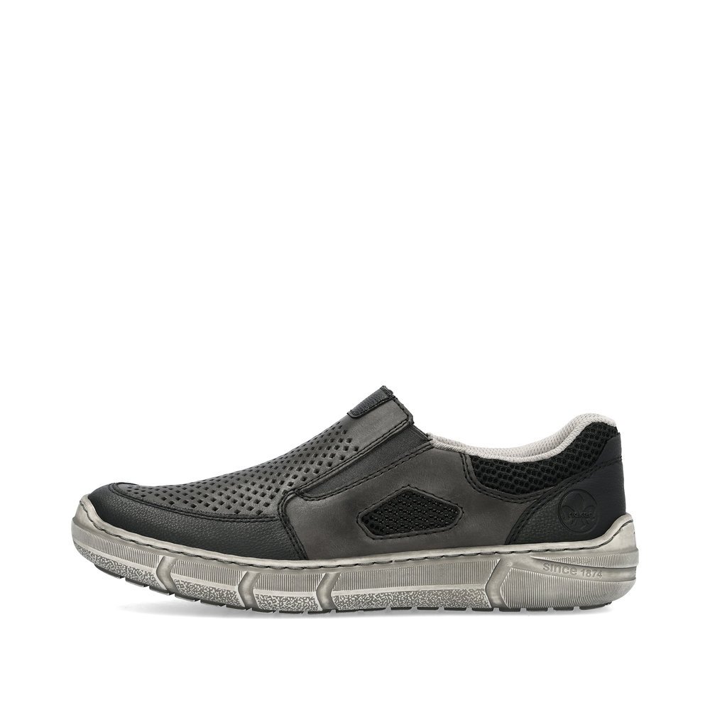 Grey Rieker men´s slippers 04051-40 with elastic insert as well as perforated look. Outside of the shoe.