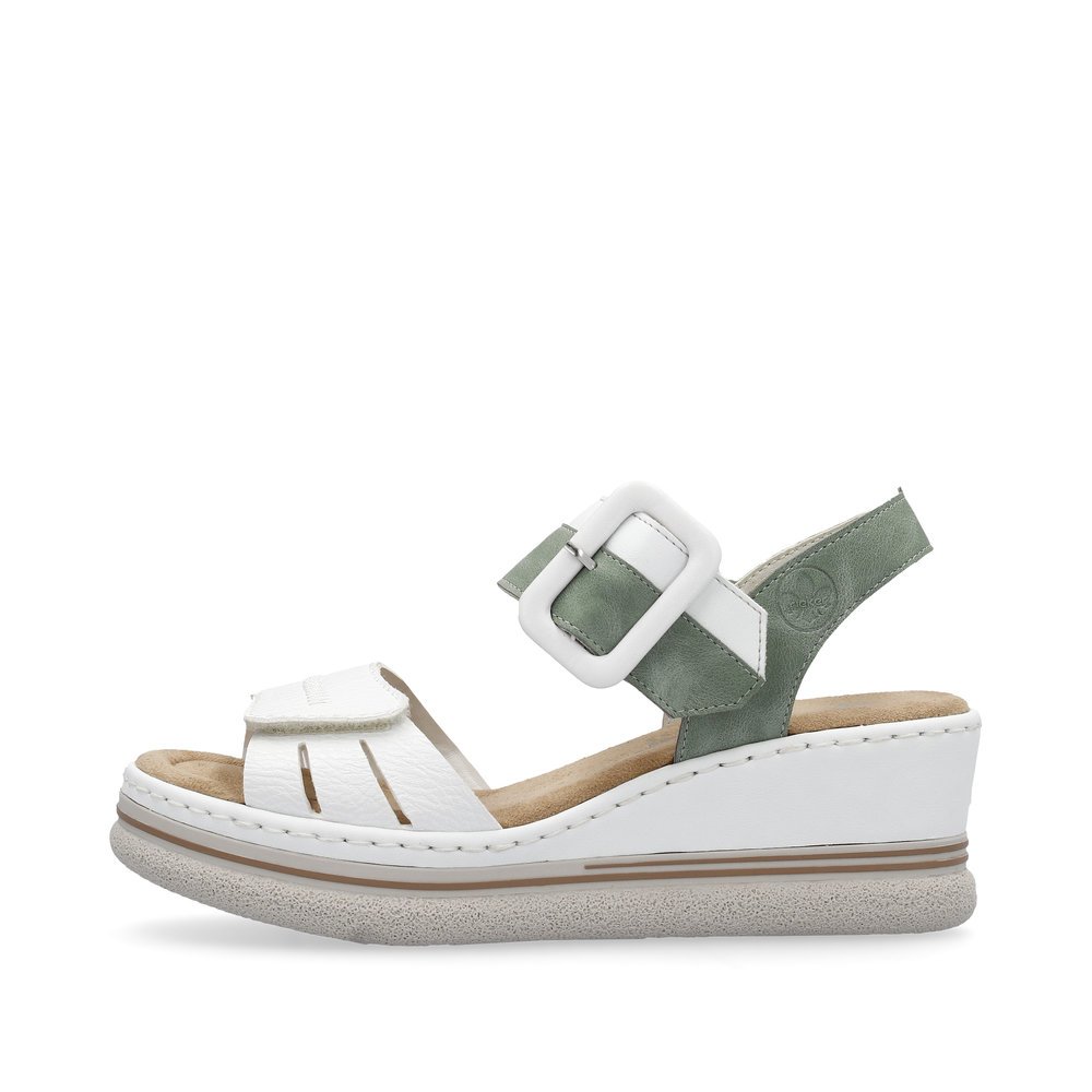 White Rieker women´s wedge sandals 67700-80 with a hook and loop fastener. Outside of the shoe.