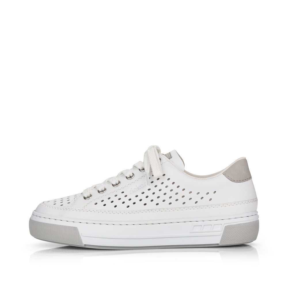 Pure white Rieker women´s low-top sneakers L8849-80 with lacing. Outside of the shoe.