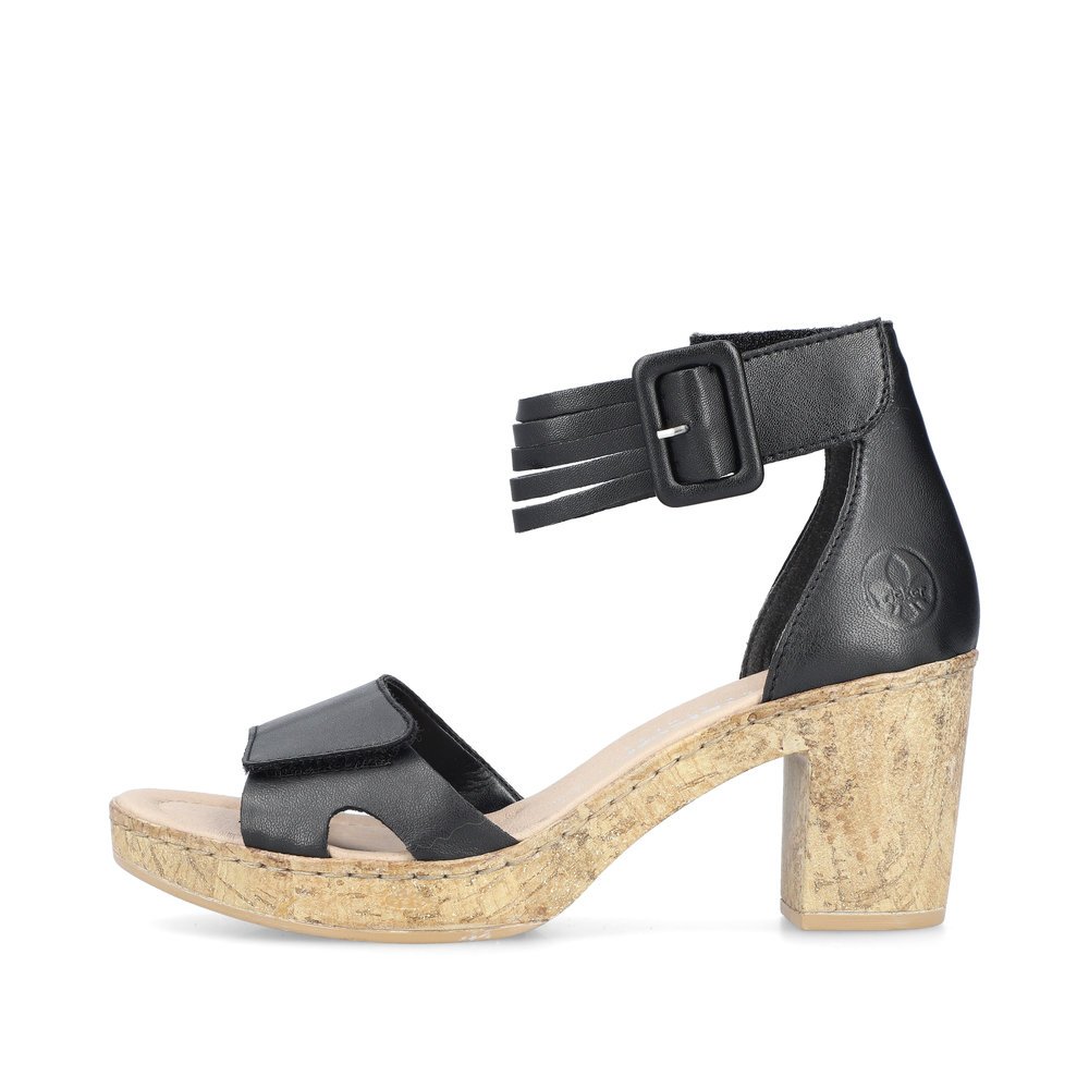 Black Rieker women´s strap sandals 66894-00 with a hook and loop fastener. Outside of the shoe.
