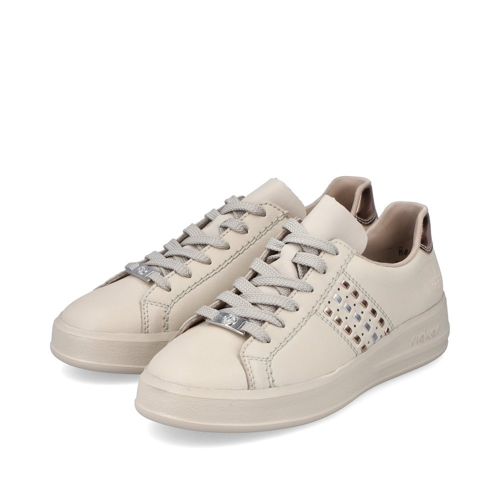 Light beige Rieker women´s low-top sneakers M8400-60 with lacing. Shoes laterally.