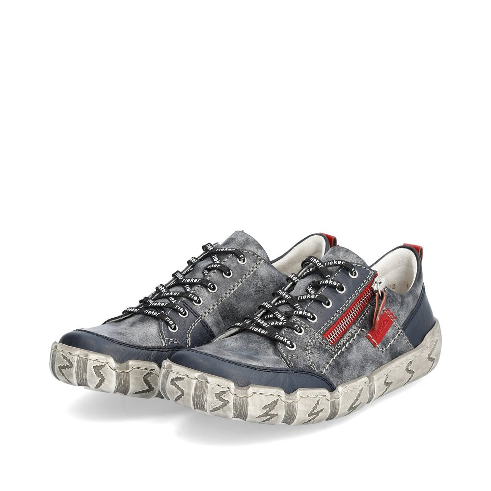 Blue Rieker women´s lace-up shoes L0302-14 with zipper as well as lightning pattern. Shoes laterally.